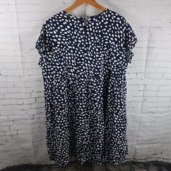 NAVY BLUE WITH WHITE DESIGN ROUND NECK RUFFLE CAP SLEEVE PRAIRE TUNIC TOP 2XL - Picture 5 of 8